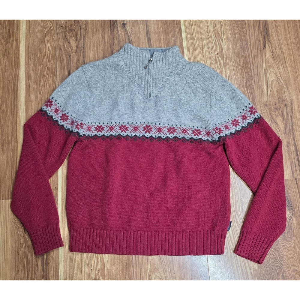 Woolrich Sweater Womens Large Fair Isle Lambswool Half Zip Pullover Red Gray